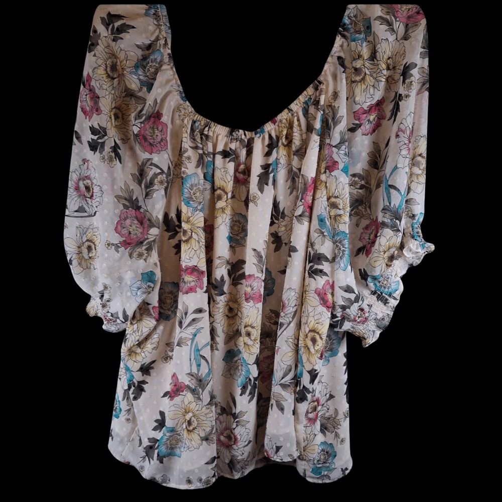 TORRID Floral Print Cream Blouse Size 3XL 3/4 Puff Sleeve